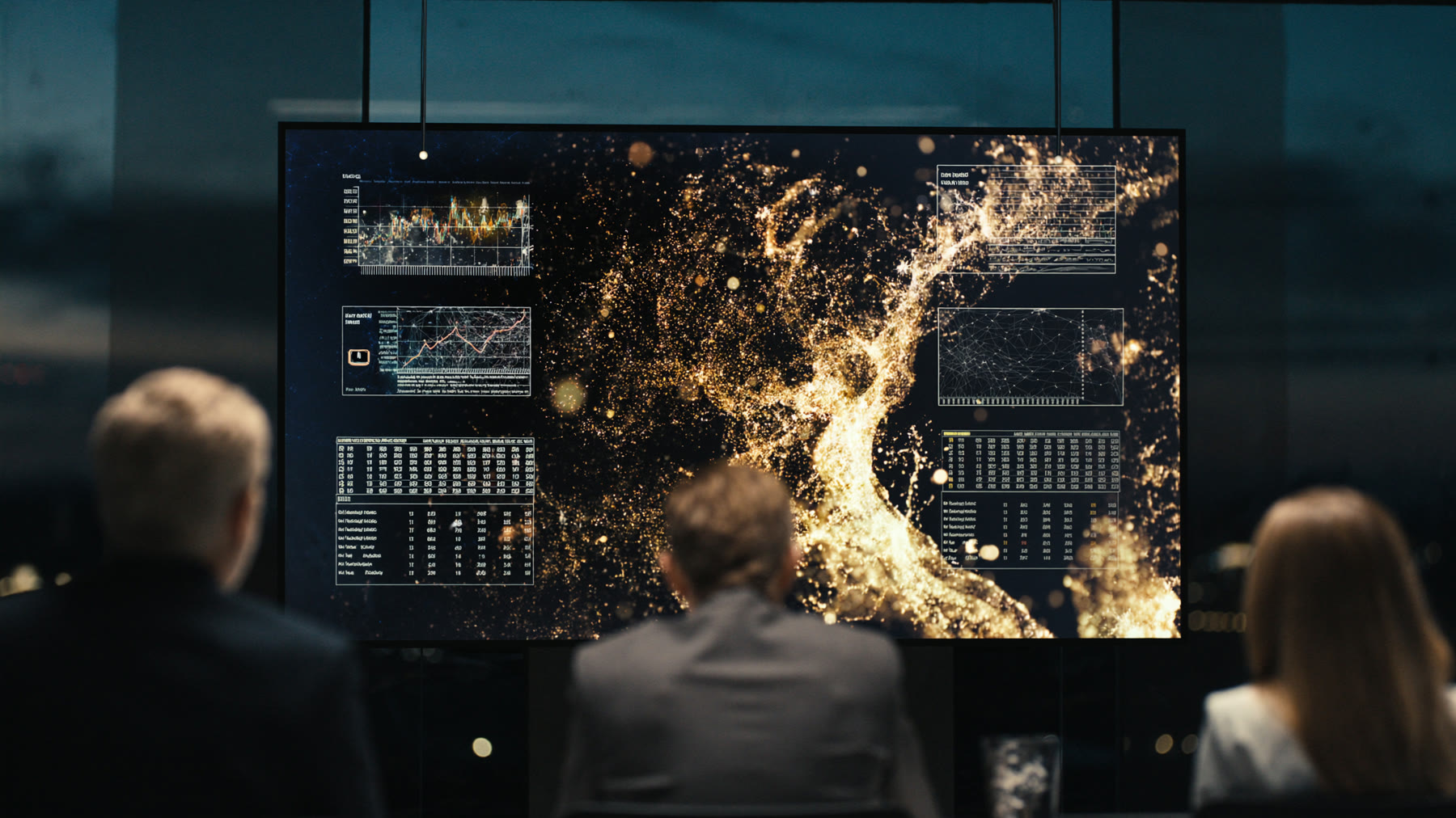 Comité directivo frente a una pantalla con indicadores financieros generados con inteligencia artificial