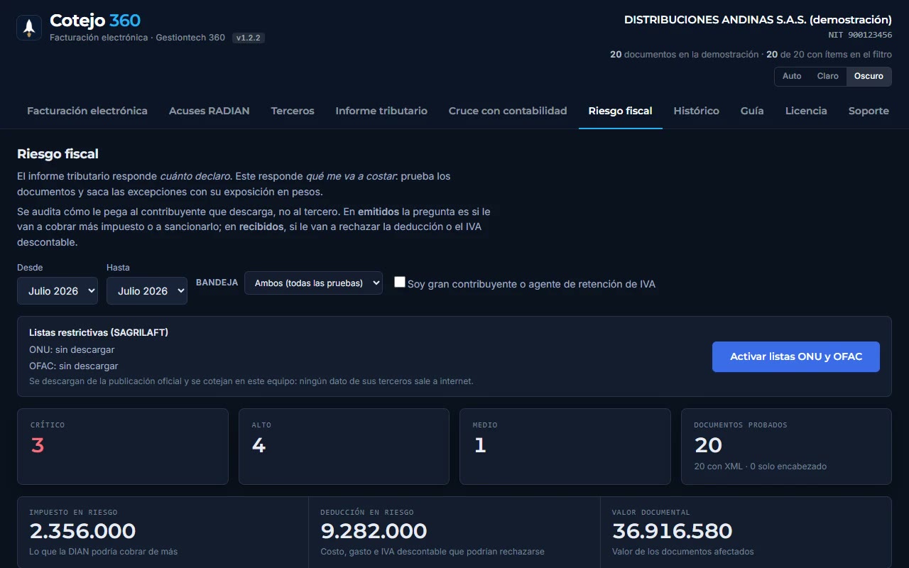 Pantalla de Cotejo 360 con el panel de riesgo fiscal: hallazgos críticos, altos y medios, e impuesto y deducción en riesgo, con datos de demostración