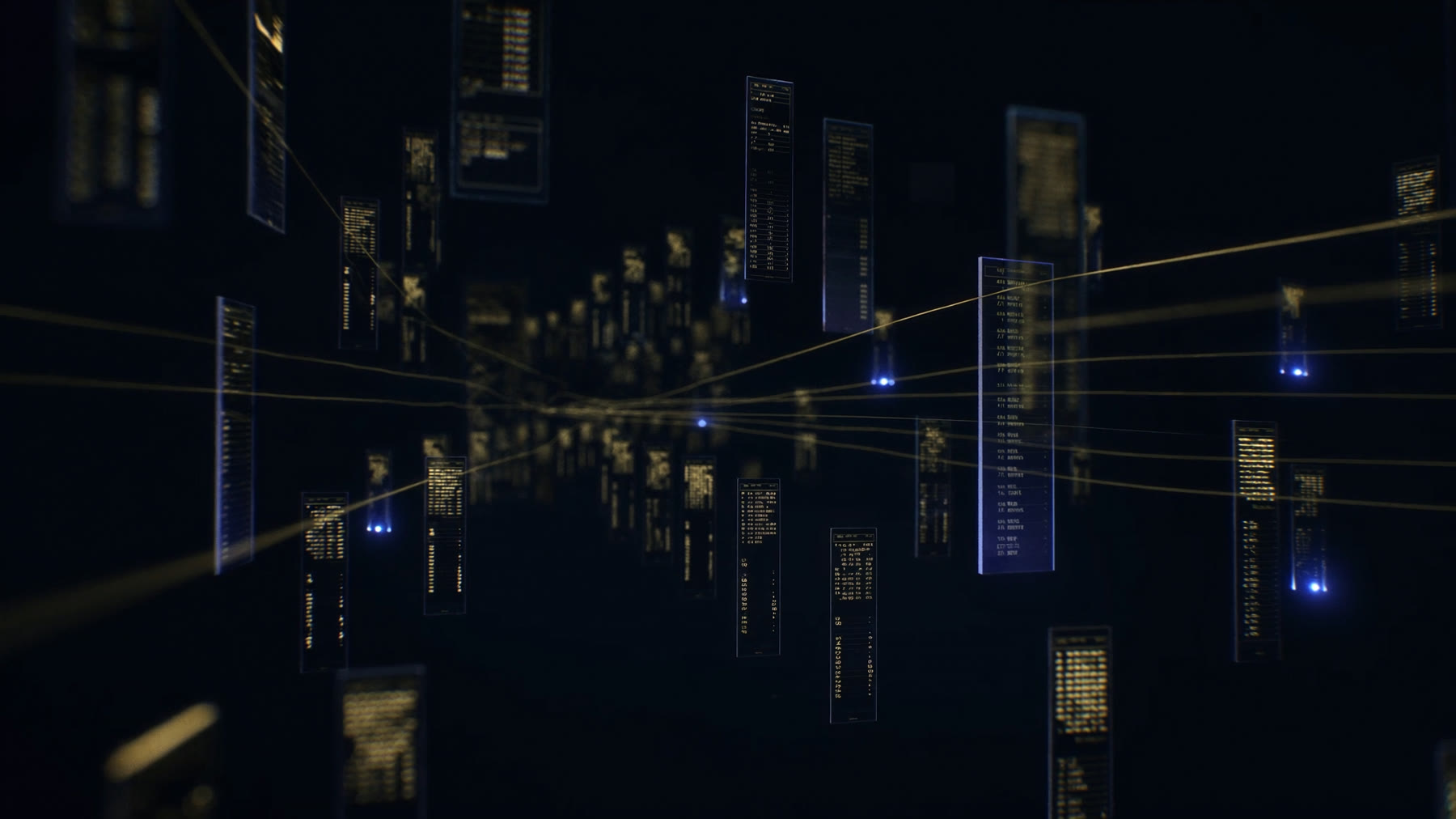 Corredor de paneles de cristal con registros contables unidos por hilos de luz dorada, como una conciliación hecha por inteligencia artificial